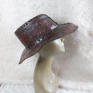 Vintage Tooled Leather Unique Embossed Hand Stitches Fedora Cowboy Hat